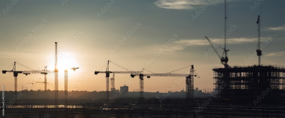 Silhouette of Engineer and worker on building site, construction site at sunset in evening time. Urban Construction Landscape, Ideal for architectural firms, construction companies, and real estate ag