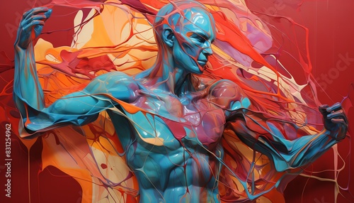 Vibrant 3D art of a blue male figure breaking free from a colorful abstract background, symbolizing freedom and creativity. photo