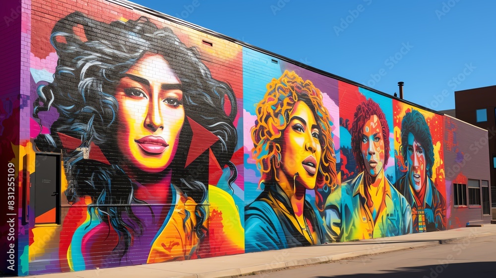 Obraz premium Vibrant street art mural featuring expressive portraits on a city wall under a clear blue sky, showcasing diverse characters and vivid colors.