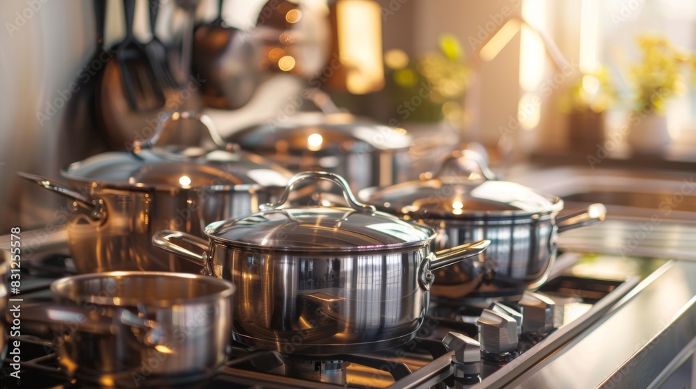 Stainless steel pots and pans neatly arranged on a modern kitchen stove, with sunlight streaming in, highlighting their shiny surfaces and high-quality craftsmanship Stainless steel pots and pans neatly arranged on a modern kitchen stove, with sunlight streaming in, highlighting their shiny surfaces and high-quality craftsmanship