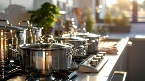 Stainless steel pots and pans neatly arranged on a modern kitchen stove, with sunlight streaming in, highlighting their shiny surfaces and high-quality craftsmanship