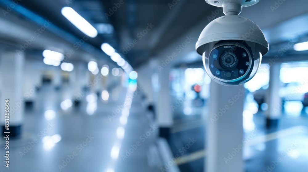 Surveillance camera installed on a ceiling corner, overlooking a parking lot, providing round-the-clock monitoring and deterrence against theft and vandalism Surveillance camera installed on a ceiling corner, overlooking a parking lot, providing round-the-clock monitoring and deterrence against theft and vandalism