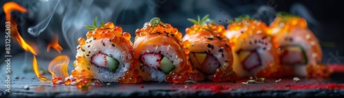 Dragon rolls sushi, fiery bell pepper flames licking out with cucumber scales photo