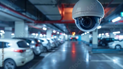Surveillance camera installed on a ceiling corner, overlooking a parking lot, providing round-the-clock monitoring and deterrence against theft and vandalism photo
