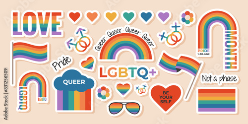 Set of LGBTQ sticker with rainbow flag elements, gender signs, pride month symbols, slogan and phrases. Gay parade celebration. Vector illustration