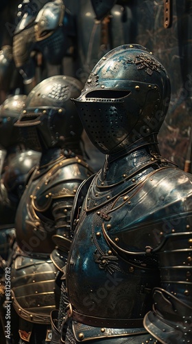 Enchanted armor standing in a hall of heroes, each piece telling tales of legendary battles and fallen warriors