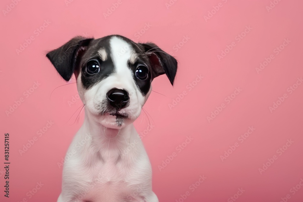 Cute Whippet puppy with a sleek body on a pink background Cute Whippet puppy with a sleek body on a pink background