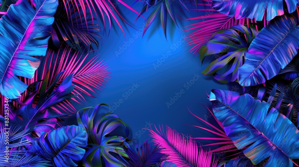 Glowing neon leaves and branches framing a central copy space Glowing neon leaves and branches framing a central copy space