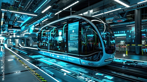 Futuristic high-tech train inside modern railway station  illuminated with blue neon lights  showcasing advanced technology and design.
