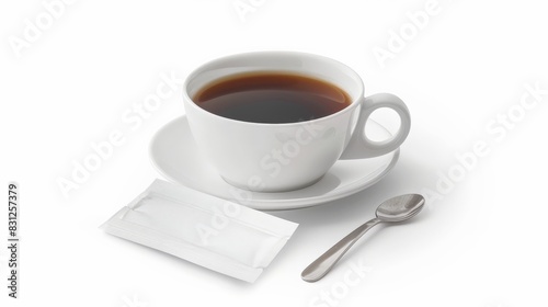 Cup of black coffee with a white packet of sugar substitute and a spoon on a white background. Perfect for low-calorie and sugar-free diets