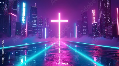 Futuristic neon crossroads, a metaphor for techno religious choices in a digital world photo
