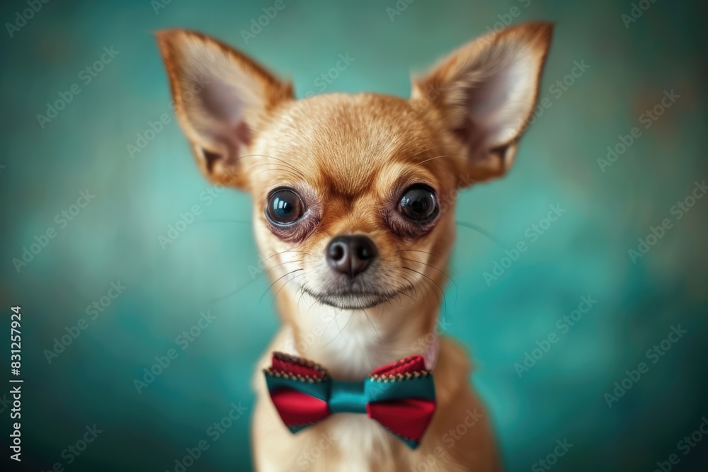Tiny Chihuahua wearing a bow tie on a turquoise background Tiny Chihuahua wearing a bow tie on a turquoise background