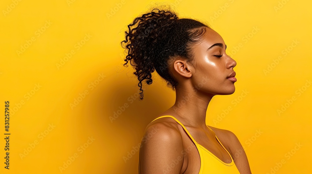 Fitness model doing a shoulder stretch isolated on a vibrant yellow background Fitness model doing a shoulder stretch isolated on a vibrant yellow background