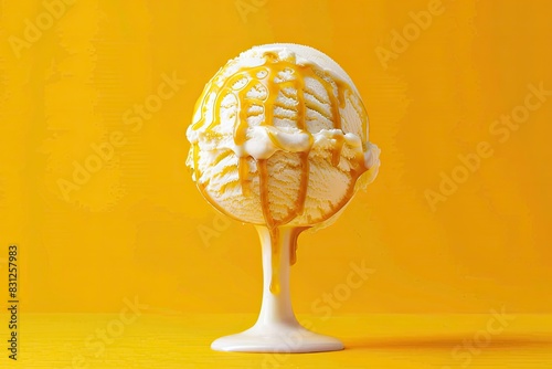 Vanilla ice cream scoop with caramel drizzle on a yellow background photo