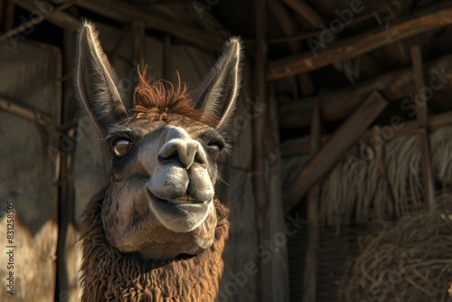 Realistic Close-Up of Llama in Farm Setting with Detailed Textures and Natural Lighting