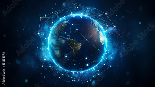 Abstract digital blue earth with glowing connections and lines on dark background