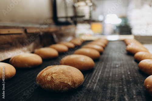 Canvas Print Automatic bakery production line with sweet cookies on conveyor belt equipment m
