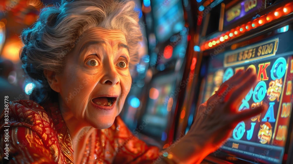 Excited Woman Winning Big at Slot Machine in Vibrant Las Vegas Casino at Night
