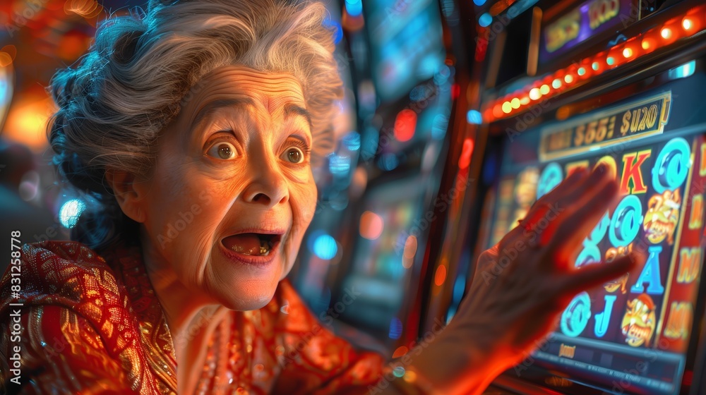 Excited Woman Winning Big at Slot Machine in Vibrant Las Vegas Casino at Night Excited Woman Winning Big at Slot Machine in Vibrant Las Vegas Casino at Night