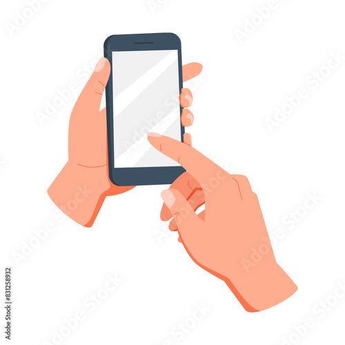 Hand holding a mobile phone with blank screen on white background. Finger touching. Hand holds smartphone.