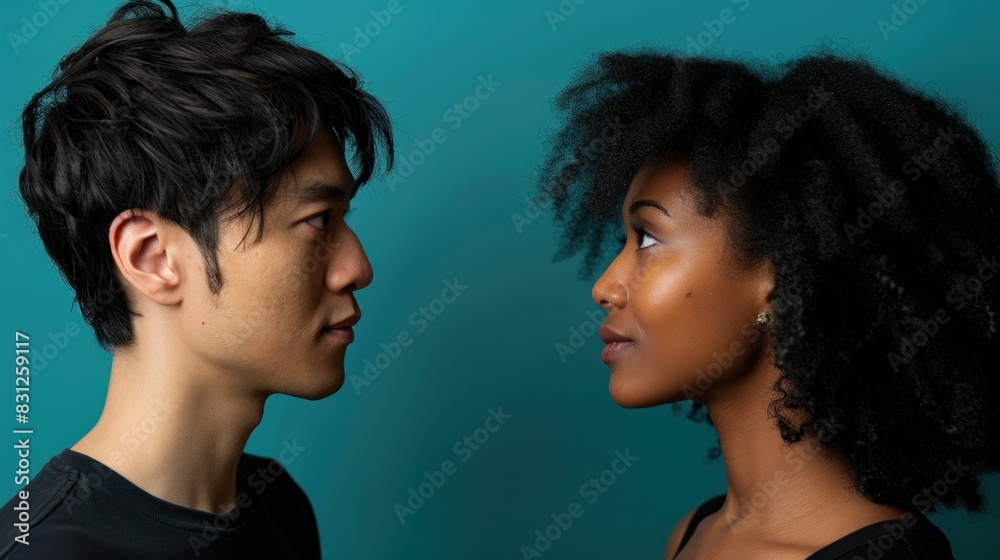 Asian couple in colorful turquoise background facing each other in a fashionable encounter Asian couple in colorful turquoise background facing each other in a fashionable encounter