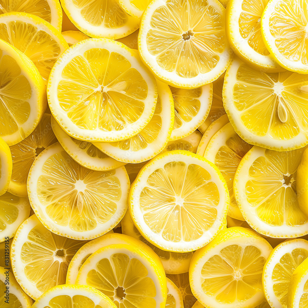 Close-up of sliced lemon rounds creating a vibrant pattern. Close-up of sliced lemon rounds creating a vibrant pattern.