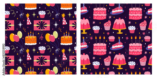 Set of birthday-themed seamless vector patterns with illustrations of different festive elements cake and candles, cat, gift box, present, party hat for wrapping paper design, greetings cards