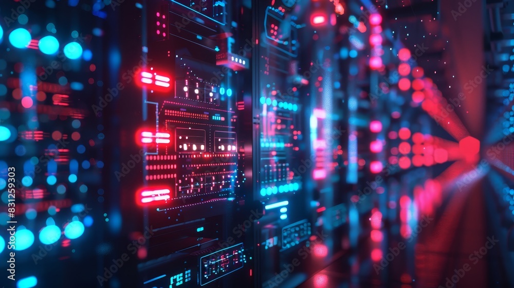 Fototapeta premium A network firewall protecting data streams, side view, showcasing robust defense mechanisms, cybernetic tone, Analogous Color Scheme