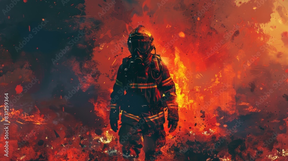 Brave firefighter battling a blazing inferno, front view, showcasing heroism and courage, advanced tone, Triadic Color Scheme