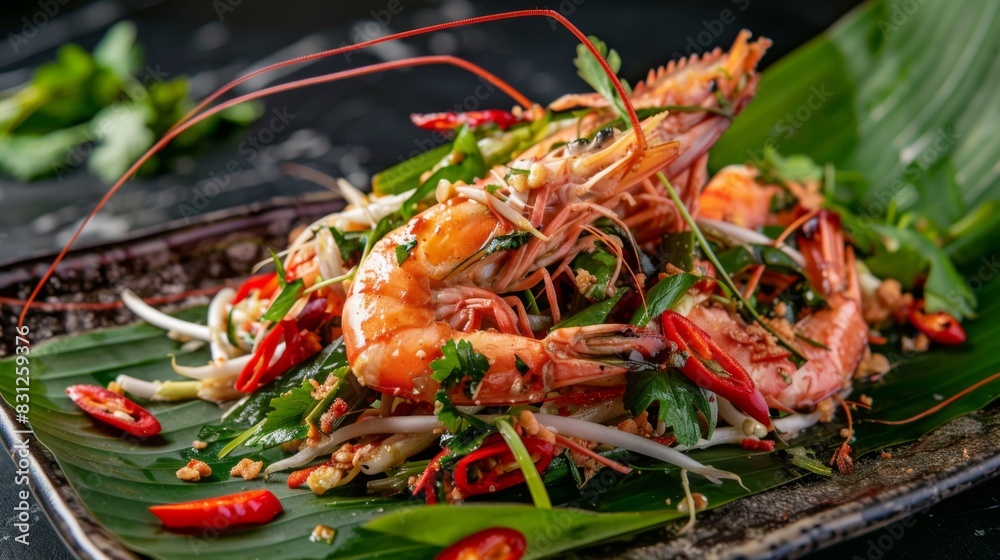 Traditional Thai som tam salad served on a banana leaf, accompanied by grilled prawns and aromatic herbs, offering a delightful blend of textures and flavors Traditional Thai som tam salad served on a banana leaf, accompanied by grilled prawns and aromatic herbs, offering a delightful blend of textures and flavors