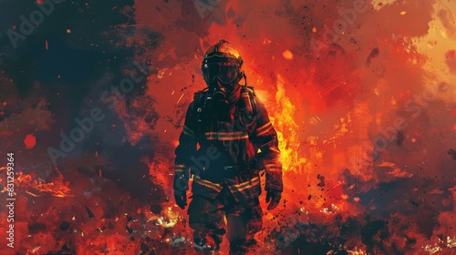 Brave firefighter battling a blazing inferno, front view, showcasing heroism and courage, advanced tone, Triadic Color Scheme