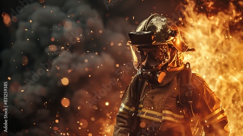 Brave firefighter battling a blazing inferno, front view, showcasing heroism and courage, advanced tone, Triadic Color Scheme