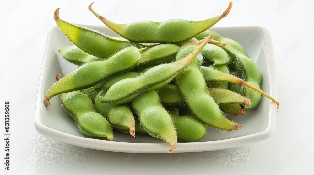 Edamame prepared on a dish against a white backdrop Edamame prepared on a dish against a white backdrop