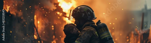 Firefighter rescuing a child from a burning building, side view, illustrating bravery and compassion, futuristic tone, Vivid photo