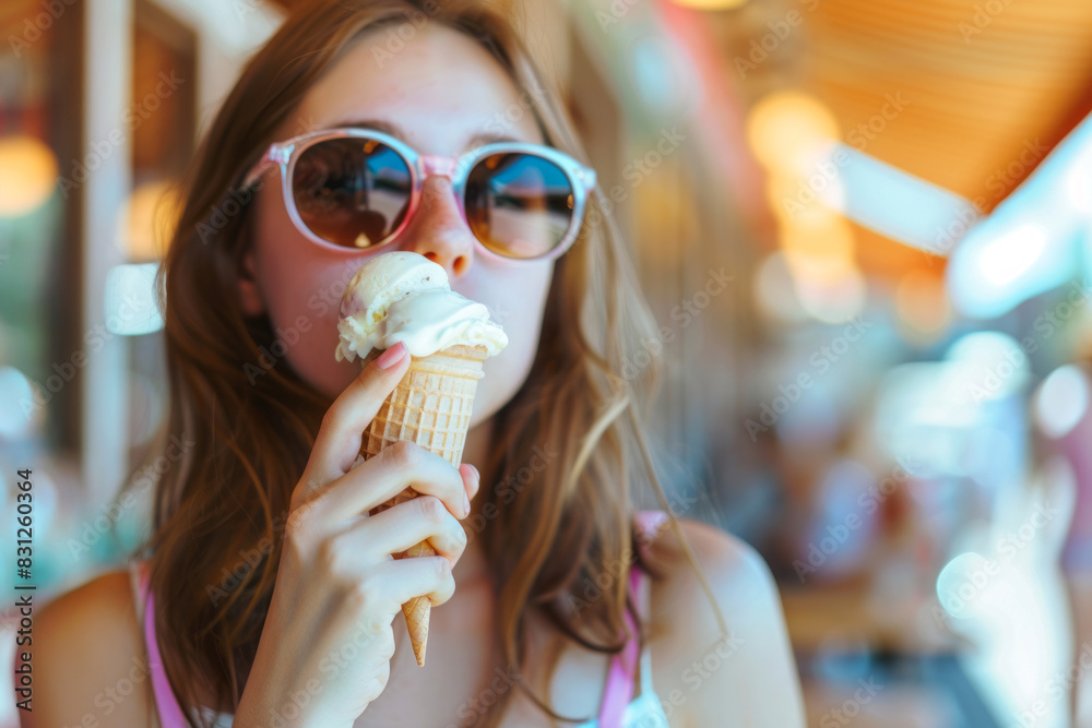 Close-up portrait of a young woman with glasses eating an ice cream cone on the street
Close-up portrait of a young woman with glasses eating an ice cream cone on the street