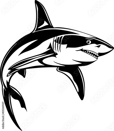 Graphical angry shark isolated on white,vector tattoo illustration. AI generated illustration.