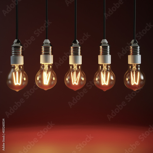 retro-style bulbs in a row against red background with light reflections,energy and ideas,copy space for text