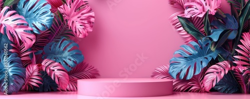 Minimalistic pink background with vibrant tropical leaves and an empty podium