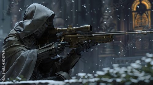 Hooded Sniper Aiming Rifle in Snowy Battlefield During Intense Military photo