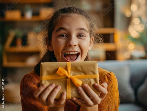 A young girl is holding a brown box with a yellow ribbon on it  and she is smiling