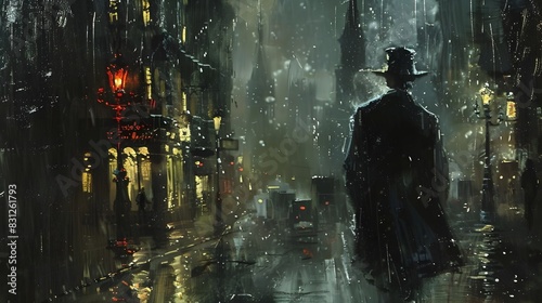 Lone Silhouetted Figure Walks Through Rainy City Street at Night
