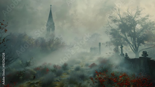 Majestic Gothic Church Spire Emerging from Misty Autumn Landscape photo