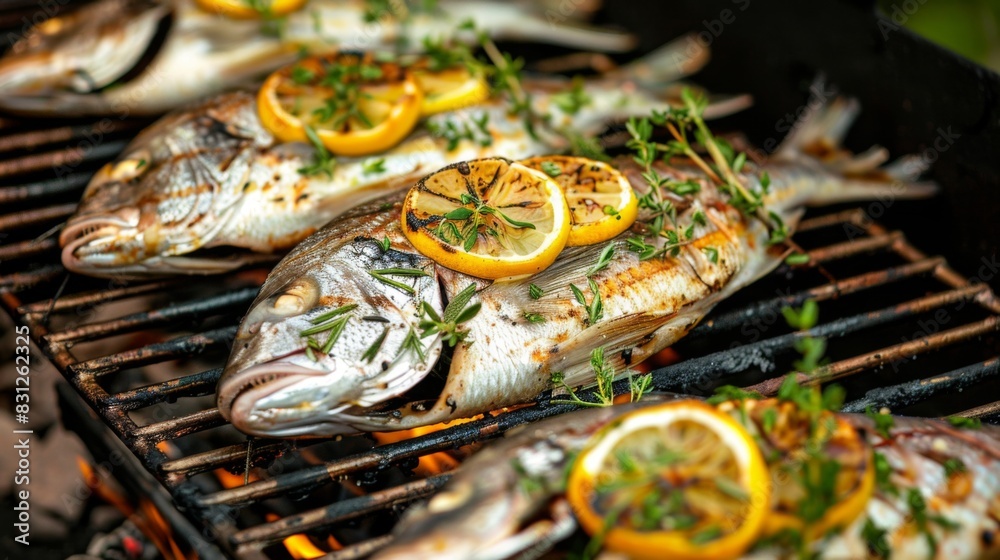 Whole fish stuffed with herbs and lemon slices, grilling on a barbecue grill, showcasing the simplicity and elegance of grilled seafood Whole fish stuffed with herbs and lemon slices, grilling on a barbecue grill, showcasing the simplicity and elegance of grilled seafood