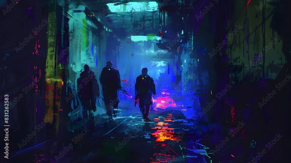 Moody Alley at Night with Neon Lights and Reflections Moody Alley at Night with Neon Lights and Reflections