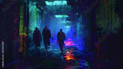 Moody Alley at Night with Neon Lights and Reflections
