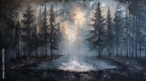 Misty Forest Landscape with Serene Stream Flowing Through Tranquil Wilderness Scene