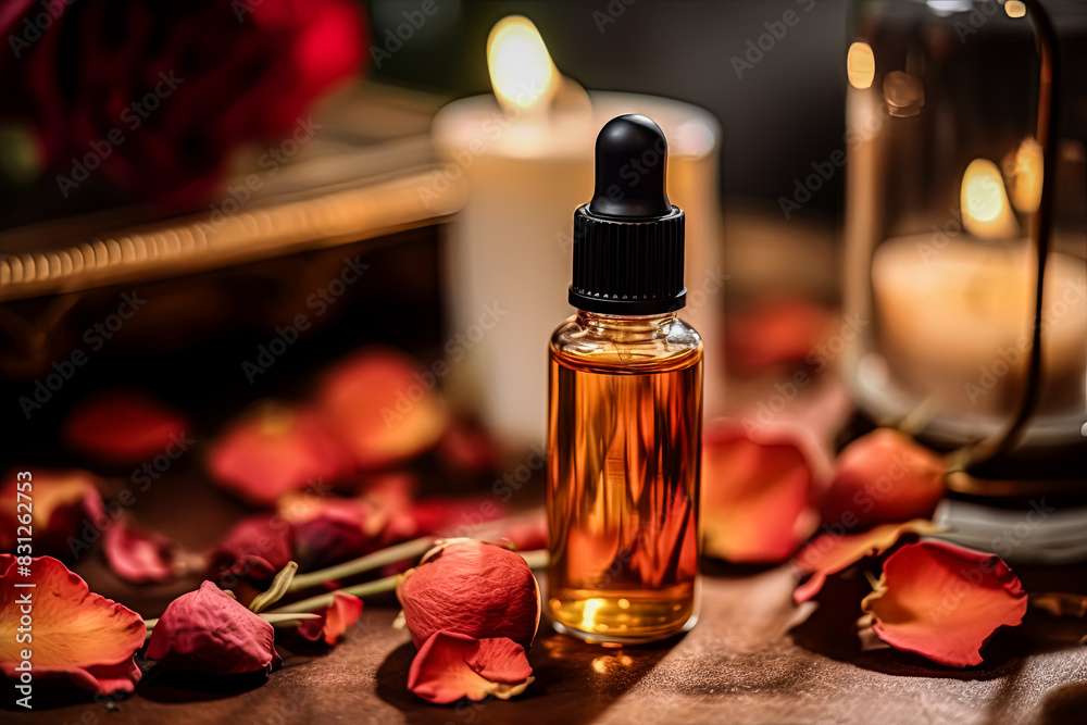 A bottle of perfume with tea rose extract rests on a table A bottle of perfume with tea rose extract rests on a table
