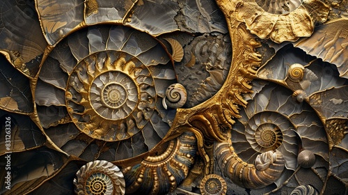 composition with geometric golden spiral and ammonites photo