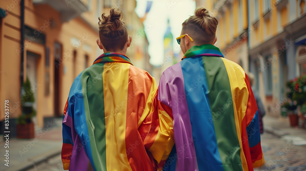 Fototapeta premium Back view of gay couple on the street of a city. Concept of LGBT pride.