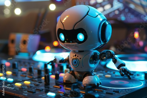 Cute robot dj with glowing eyes skillfully operates a mixing console under vibrant club lights